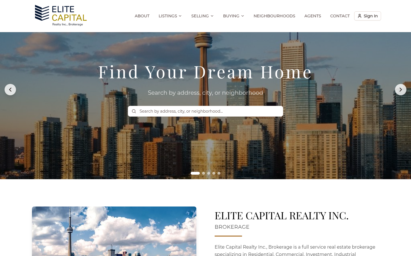 Screenshot of the Elite Capital Realty brokerage website